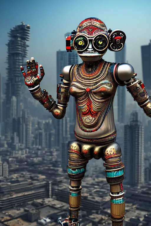 Prompt: high quality 3 d render happy cyborg! man monkey hybrid madhubani, highly detailed, cyberpunk!! mumbai in the background, unreal engine cinematic smooth, szukalski ravi varma, moody light, low angle, uhd 8 k, sharp focus