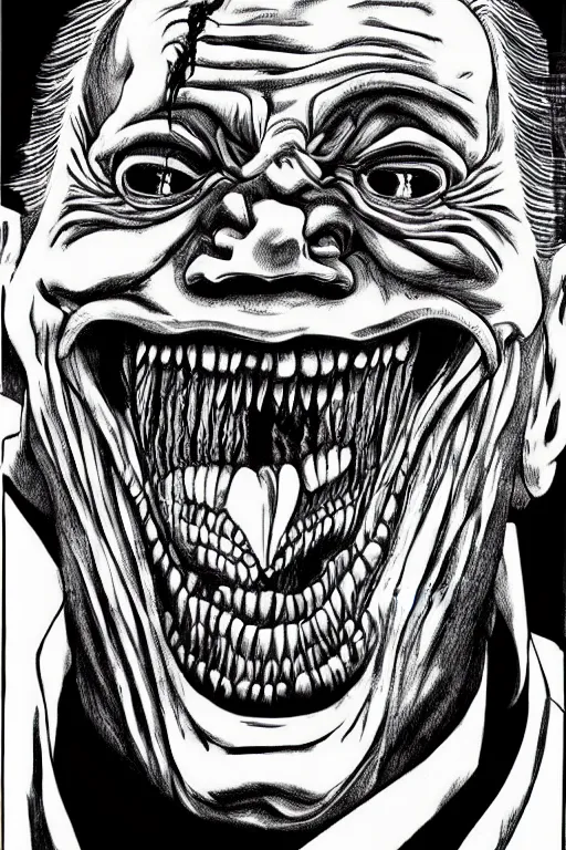 Image similar to joe biden evil grin, horror, terrifying artwork, monster, artwork by junji ito, black and white manga