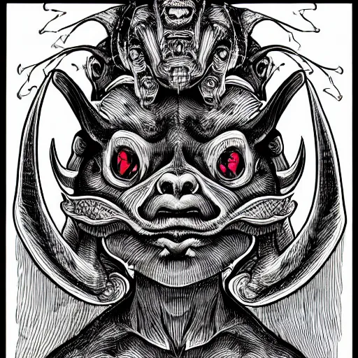 Image similar to a demon with a goat's head, is looking at the camera, while carrying a human head, whose eyes are still wide. symmetrical anatomy, very detailed design, complexity of the image, with pop punk style, colorful, accompanied by full body images., without duplication, arstation