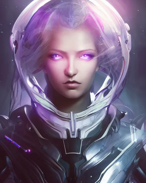 Image similar to perfect android girl on a mothership, warframe armor, beautiful face, scifi, futuristic, galaxy, nebula, raytracing, dreamy, long white hair, blue cyborg eyes, sharp focus, cinematic lighting, highly detailed, artstation, divine, by gauthier leblanc, kazuya takahashi, huifeng huang