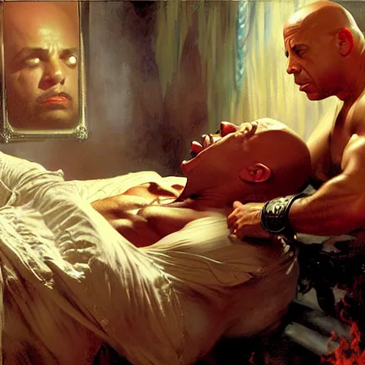 Image similar to vin diesel is in his bed, nervous and terrified, because little richard from hell is attacking him. highly detailed painting by gaston bussiere, j. c. leyendecker, greg rutkowski, craig mullins 8 k