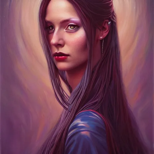 Prompt: portrait of a female wizard in flowing sensual dress, long flowing hair, delicate, looking at camera, slightly smiling, realistic face, stylish, elegant, extremely detailed painting inspired by Gerald Brom and Simon Stalenhag, studio lighting