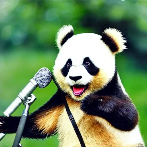 Image similar to a panda singing into a microphone, dramatic, beautiful, kodachrome film
