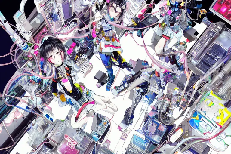 Image similar to a cyberpunk illustration of a group of four super-coherent female androids dressed in seifuku in style of masamune shirow, lying scattered across an empty, white floor with their bodies rotated in different poses and cables and wires coming out, by yukito kishiro and katsuhiro otomo, hyper-detailed, intricate, view from above, colorful