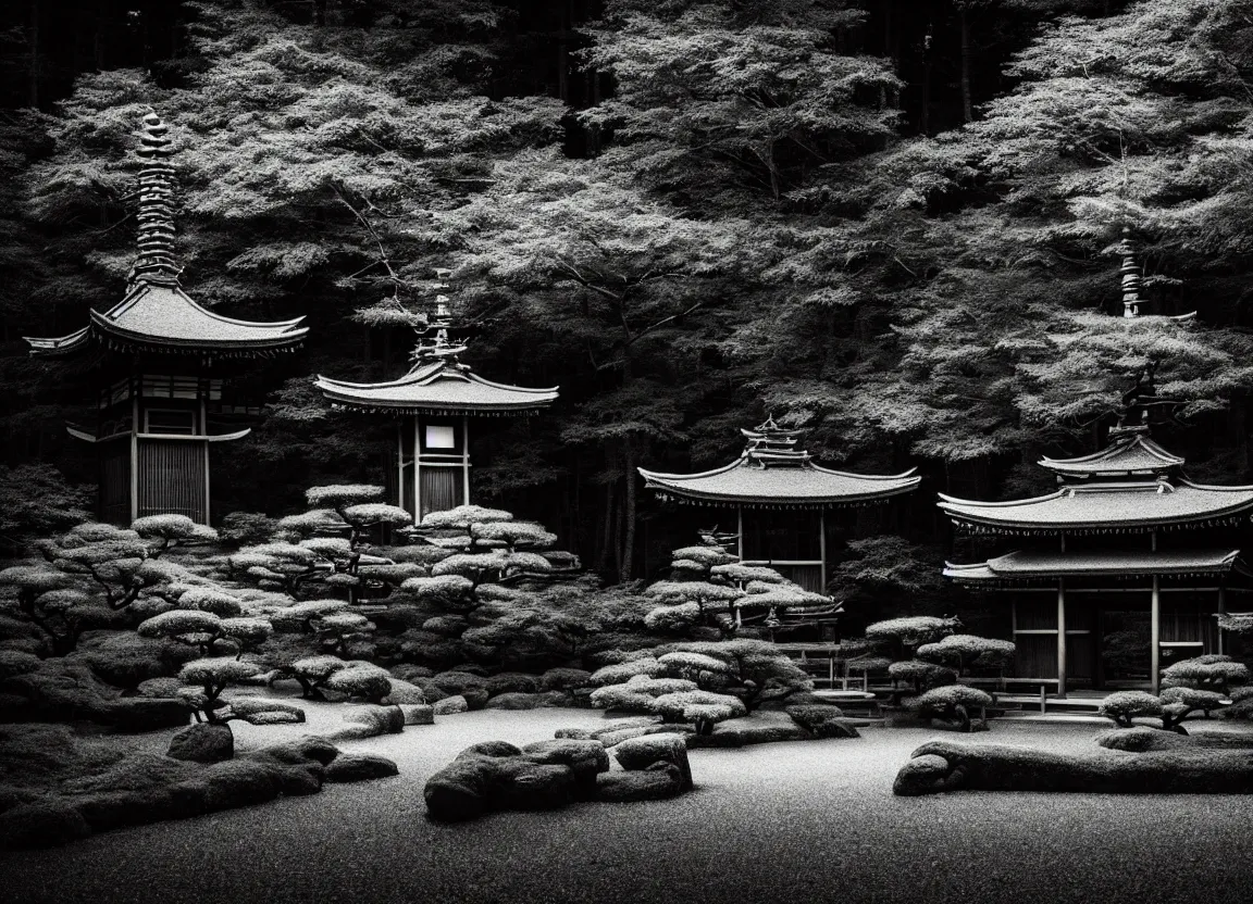 Prompt: realistic forest with an ancient Japanese shrine at night, Monochrome