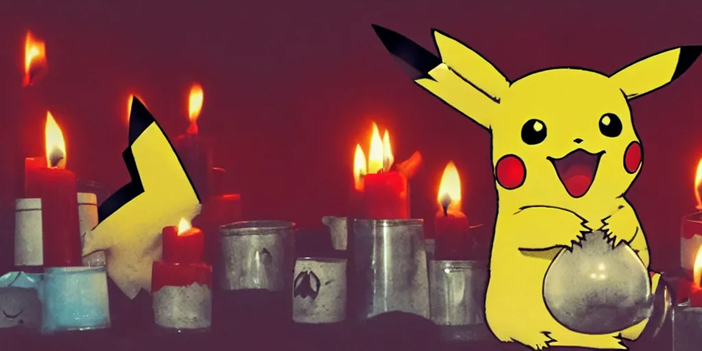 Image similar to pikachu devouring a dog sharp teeth burtal eyes scary mouth dark room red candles trash bin