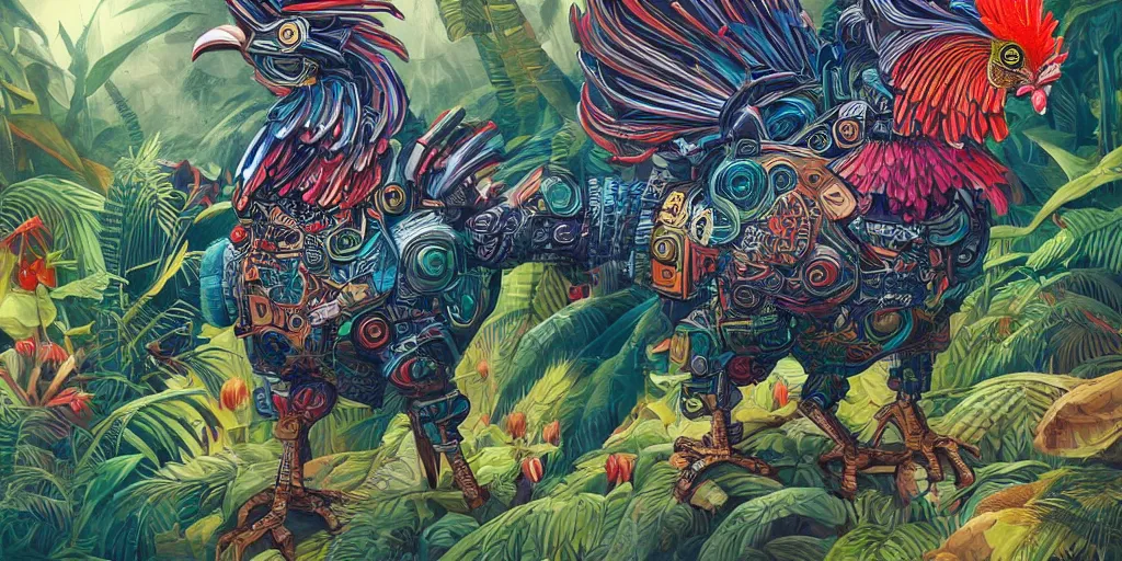 Image similar to colorful illustration of a fully armored mechanical rooster in a dense jungle, diselpunk, mix of styles, style combination, hyper detailed, intricate