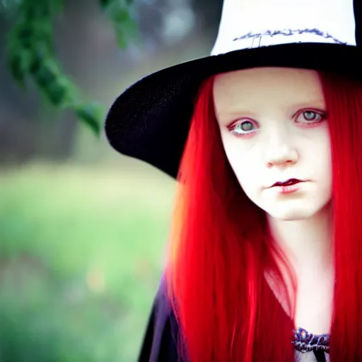 Prompt: portrait of a beautiful young witch. she has red hair. she looks sinister. symetric face. shallow focus. 5 0 mm lense. shot on film.
