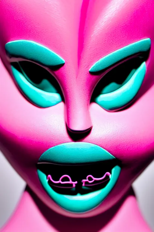 Prompt: hyperrealistic very deatiled profile rococo female face with neon pink eyes and mechanical mouth Stanley Artgermm very soft teal lighting wide angle 35mm shallow depth of field 8k