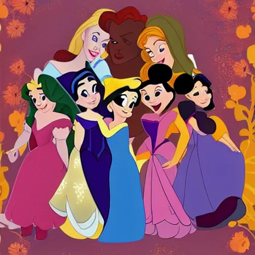 Prompt: All the Disney Princesses in a group hug, digital art