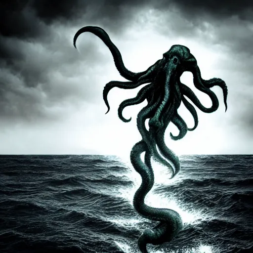 Prompt: Cthulhu, dark, sea, black background, storm