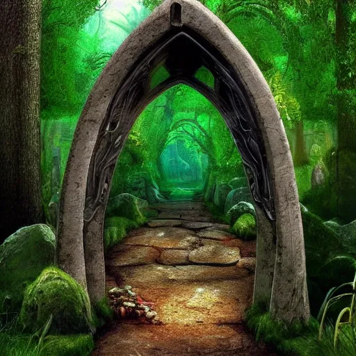 Prompt: portal leading to a fantasy world in a forest in middle earth