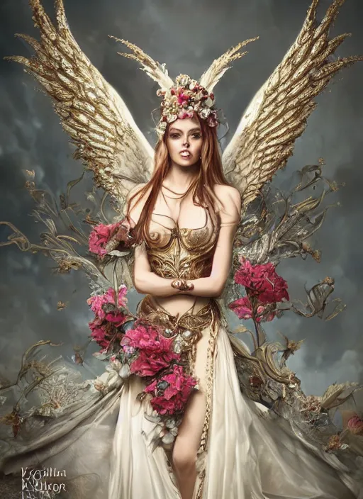 Prompt: expressive full body photo of a female model as beautiful angel, ornate headpiece made from flowers, ivory, ornaments, glamour shot, by karol bak, by stefan gesell, octane render, unreal engine, photorealistic, canon r 3, fashion photography, painted studio backdrop, environmental portrait, dark fantasy, dark beauty, magazine, symmetrical features