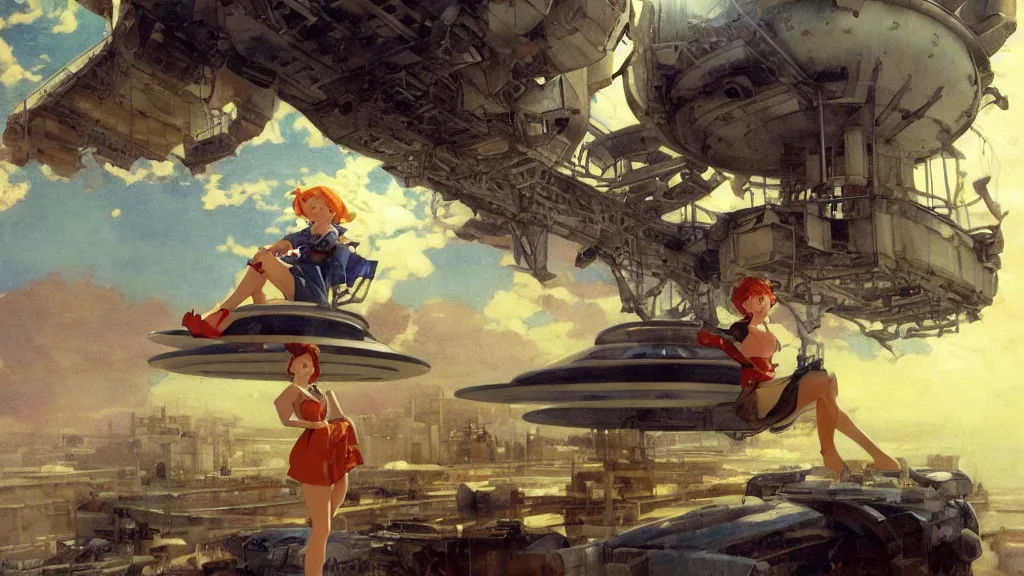 Prompt: a film still of a 1 9 5 0's mechanic anime girl sitting on top of flying ufo landing in hangar of giant ufo spaceship, sharp face focus, finely detailed features, full body mid shot, perfect art, trending on pixiv fanbox, painted by gaston bussiere, makoto shinkai, akihiko yoshida, gaston bussiere, craig mullins