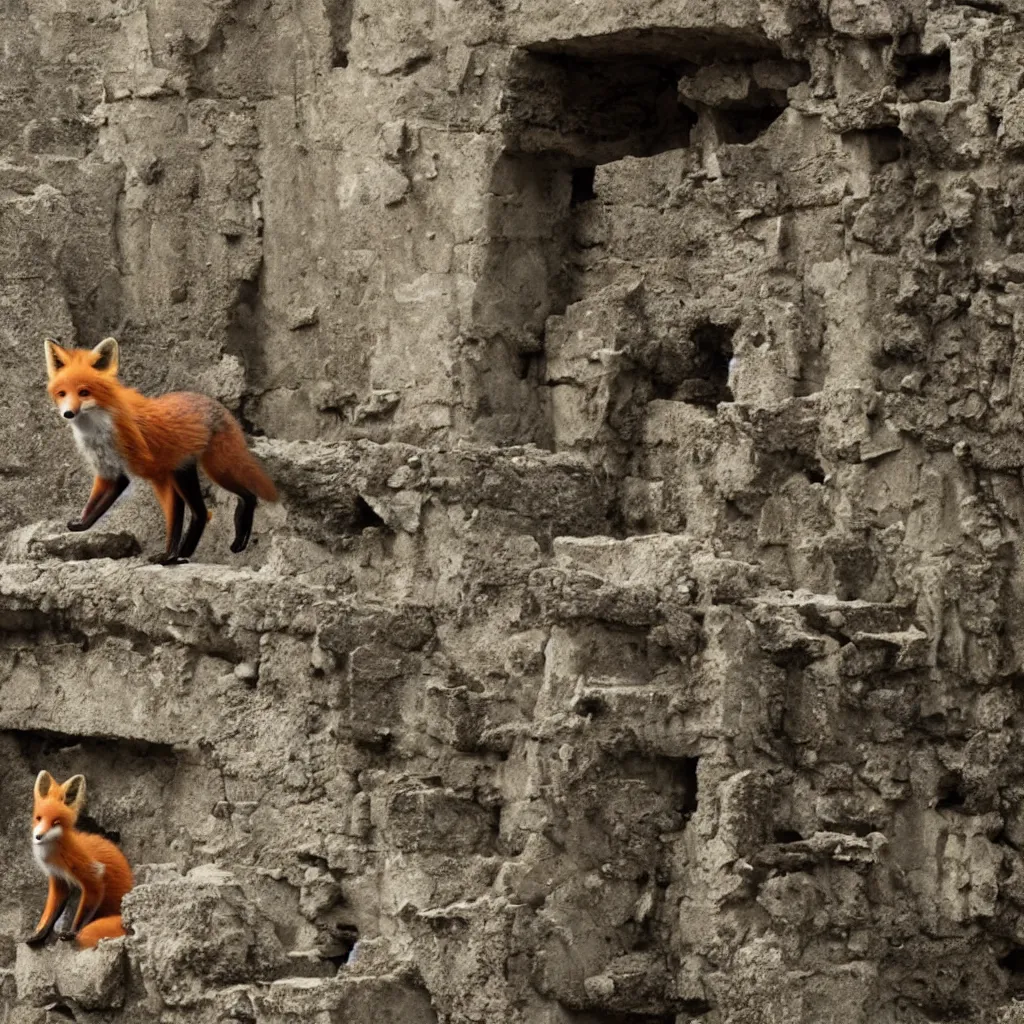 Prompt: anthropomorphic fox explores ancestral ruins, 1 9 3 0 s film still