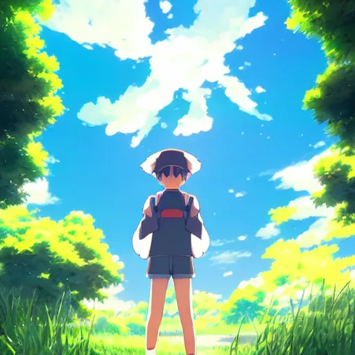 Prompt: a pokemon go card from 1 9 5 0, illustration, clear sky background, lush landscape, concept art, anime key visual, trending pixiv fanbox, by wlop and greg rutkowski and makoto shinkai and studio ghibli and kyoto animation, symmetrical facial features, rock pokemon trainer