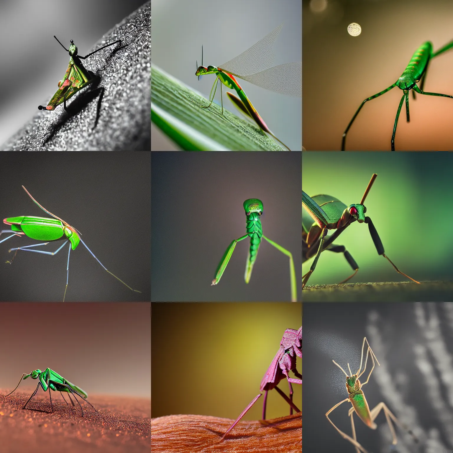 Prompt: macro photography of mantis, bokeh effect, atmospheric dust, dramatic light, 8 k, award - winning