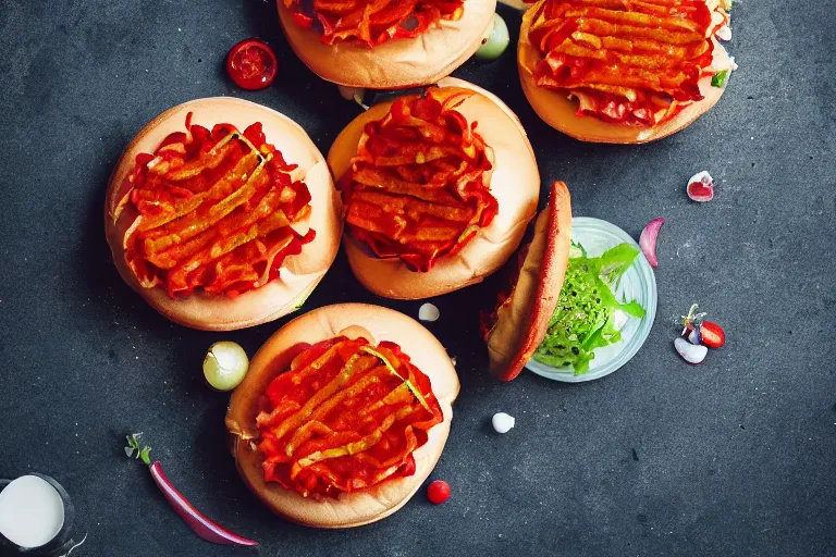 Image similar to product photography of delicious stunning greasy kaleidoscopic burger