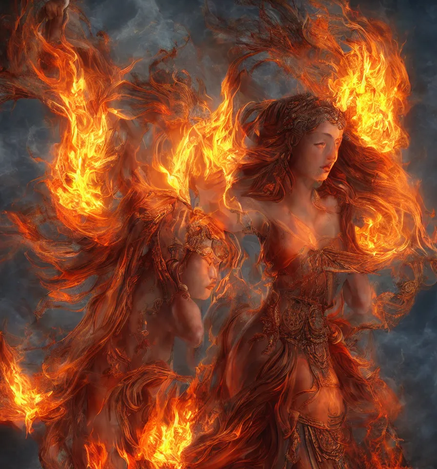 Prompt: goddess of flame, 8 k resolution, ultra realistic, detailed,