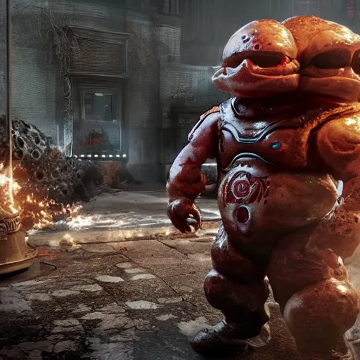 Image similar to burger king kurger bing mascot in gears of war, cinematic shot, hyperdetailed