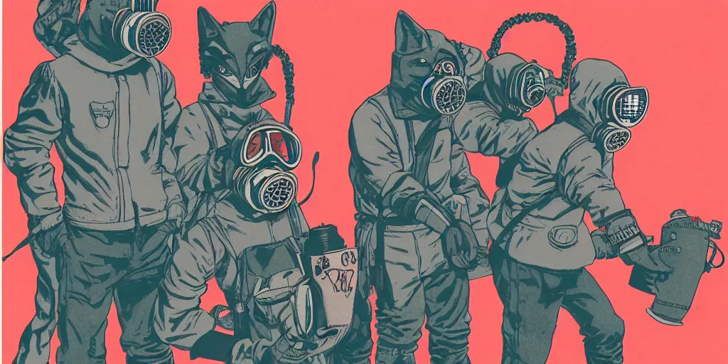 Prompt: detailed rgba color risograph from face wolfs gang photo group, theyre using wolf gas mask, other using grey bandana but no mask, by moebius and dirk dzimirsky and satisho kon, full body portrait