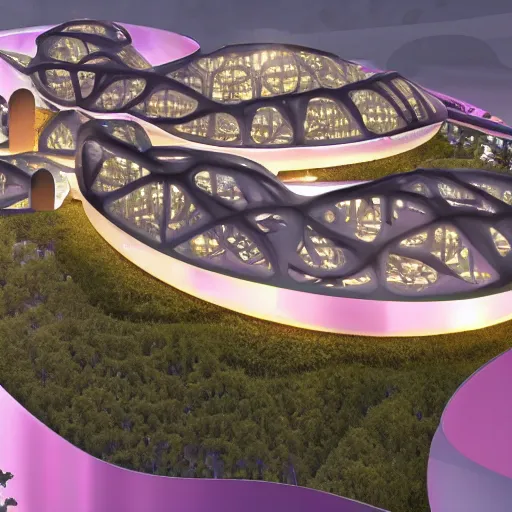 Prompt: metallic building eco - friendly city designed by zaha hadid with gleaming pink walls and dripping with vines, glowing led trim and hexagonal windows and bands of gold, extremely lush landscape and florals, symmetry foggy atmospheric building rendered in blender with ray tracing, moon and stars and lamps