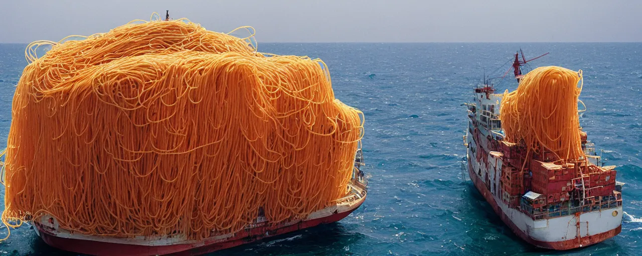 Image similar to a ship carrying a load of spaghetti across the ocean, national geographic, detailed, canon 2 0 mm, wes anderson, kodachrome