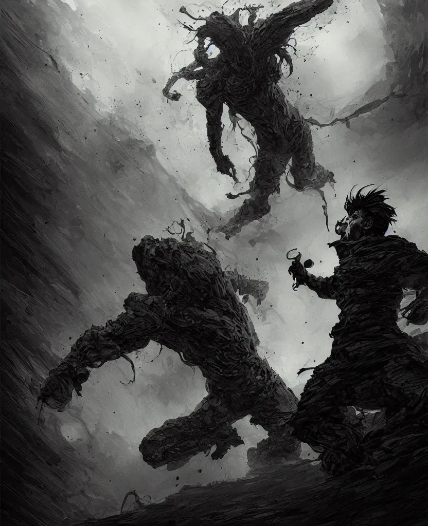 Prompt: a painting small boy fighting a giant, dark colors, sinister atmosphere, dramatic lighting, cinematic, establishing shot, extremely high detail, photo realistic, cinematic lighting, pen and ink, intricate line drawings, by Yoshitaka Amano, Ruan Jia, Kentaro Miura, Artgerm, post processed, concept art, artstation, matte painting, style by eddie mendoza, raphael lacoste, alex ross,
