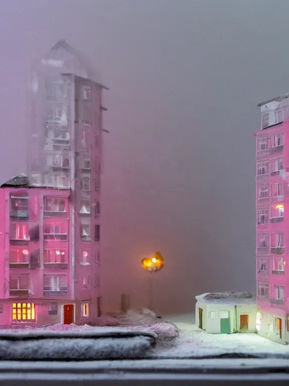 Prompt: small diorama a soviet residential building, pink volumetric lights are on in the windows, dark night, two man fighting for bottle of vodka on yard in front of building, cozy atmosphere, fog, cold winter, snowing, streetlamps with orange volumetric light, birches nearby,