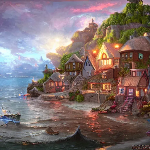 Image similar to a seaside village, detailed, fantasy style, trending on artstation