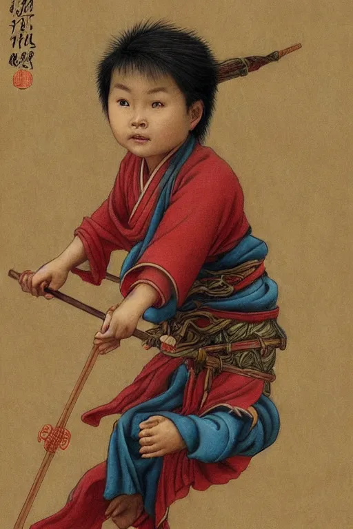 Image similar to a masterpiece portrait of legendry nezha flies riding on the wind fire wheels across the sea, water everywhere, chinese mythology, chinese male child, cute face, side view, red cloth around his shoulders, hold spear, cinematic, fantasy character portrait, highly detailed, by ne zha ( 2 0 1 9 ), fenghua zhong, bob byerley