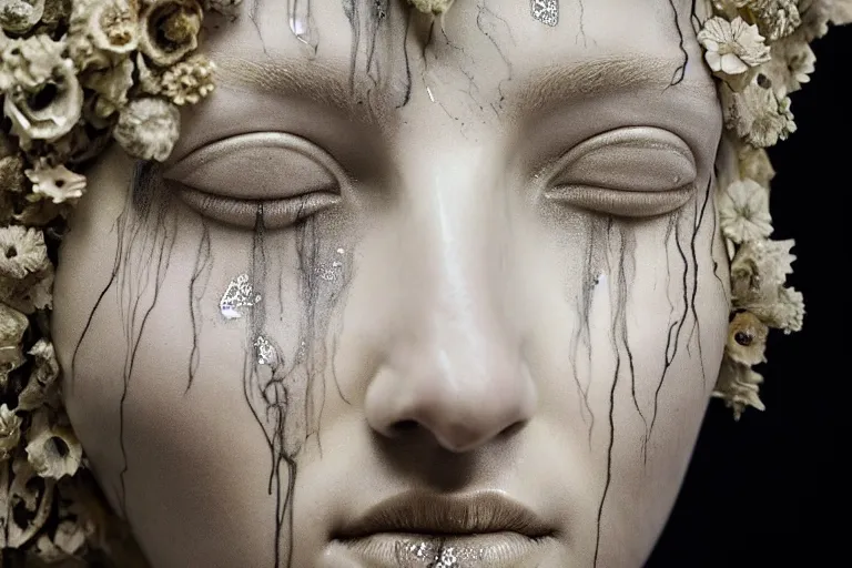 Prompt: a sculpture of a stunningly beautiful woman with flowing tears, fractal flowers on the skin, intricate, a marble sculpture by nicola samori, behance, neo - expressionism, marble sculpture, made of mist, still frame from the prometheus movie by ridley scott with cinematogrophy of christopher doyle, arri alexa, 8 k