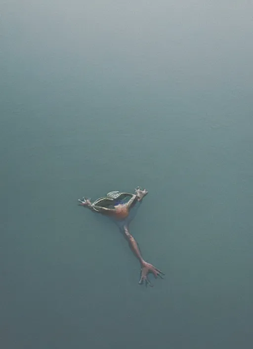 Image similar to “semitranslucent smiling frog vertically hovering over misty lake waters in crucifix pose, low angle, long cinematic shot by Andrei Tarkovsky, paranormal, eerie, mystical”