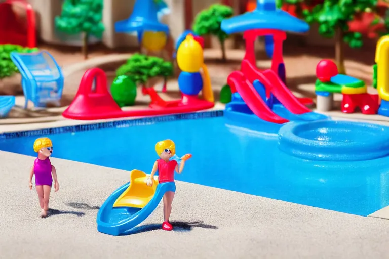 Image similar to fisher price public pool, california, in 2 0 1 5, perfect focus, scene from tv show hyper detailed 5 5 mm 8 5 mm, toy photography, made out of plastic