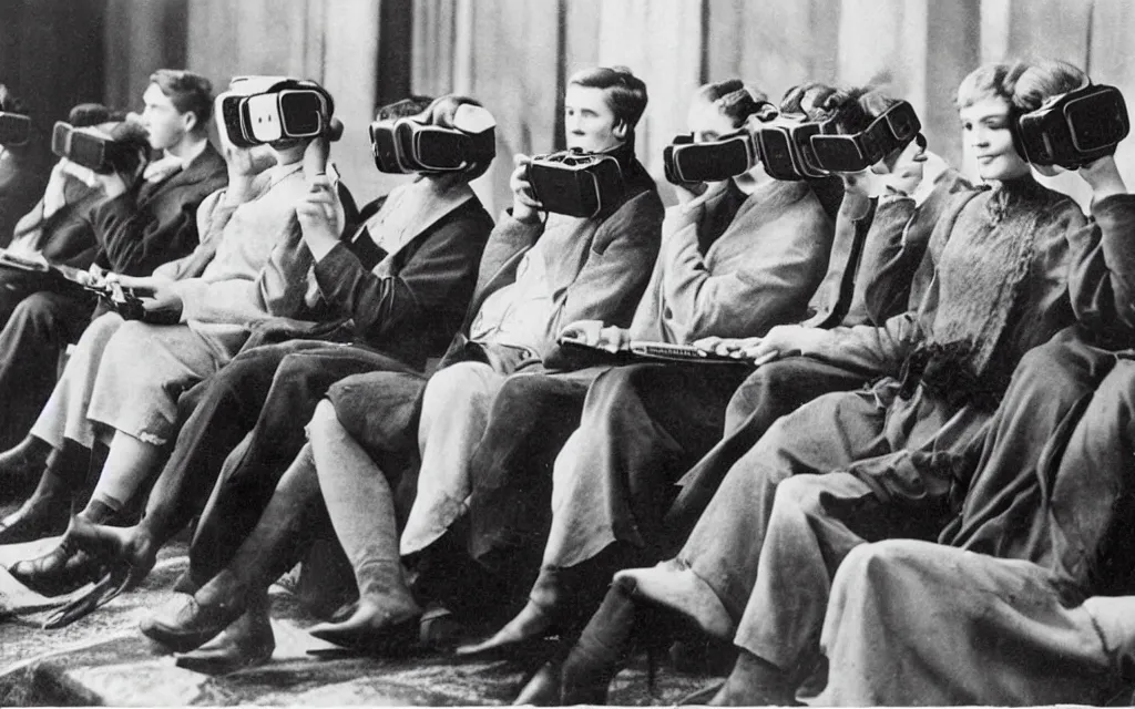 Image similar to 1 9 0 0 s photo of people using iphones ipods virtual reality headsets vr watching hd tv in a movie theater