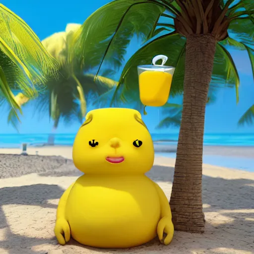 Prompt: a supercute cartoonnetwork lemon character, that is cute and good looking, it's is relaxing on a beach, dalle - 2 quality, octane render, 3 d, volumetric lightening,