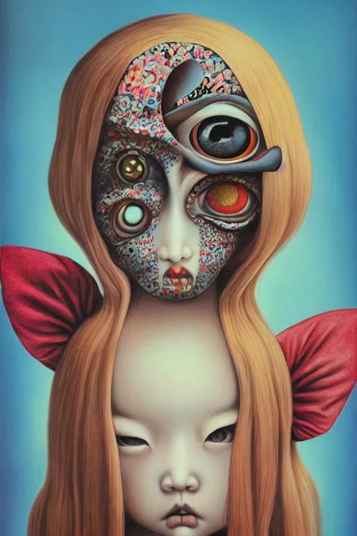 Image similar to pop surrealism, lowbrow art, big eyed realistic cute girl painting, japanese cute fashion, hyper realism, muted colors, trevor brown, mark ryden style