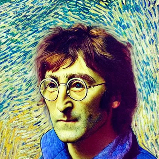 Image similar to an artistic portrait of john lennon, peaceful, friendly, high quality, studio photography, colorful, hero, heroic, beautiful, in the style of vincent van gogh