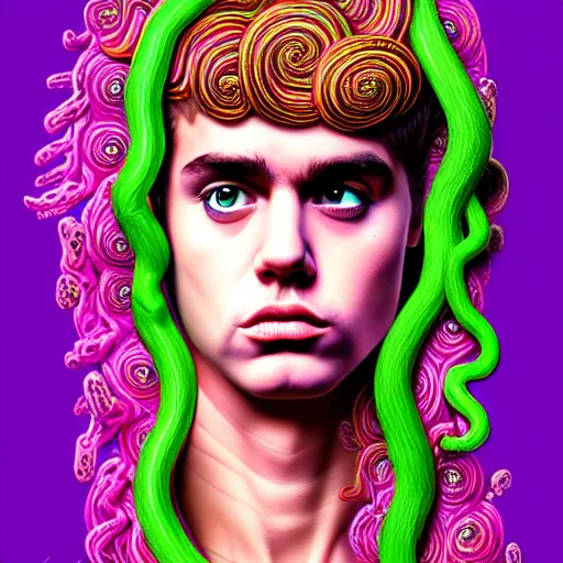 Image similar to an extremely psychedelic portrait of medusa as justin bieber, surreal, lsd, face, detailed, intricate, elegant, lithe, highly detailed, digital painting, artstation, concept art, smooth, sharp focus, illustration