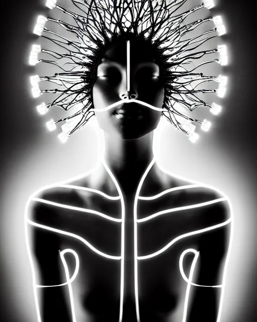 Image similar to black and white spiritual connected young female cyborg - plant goddess high quality photo, microchip, artificial intelligence, bio - mechanical bio - luminescence, black wired cables, neurons, nerve cells, cinematic, rim light, photo - realistic, elegant, high detail, 8 k, masterpiece, high fashion