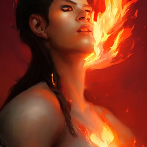 Image similar to a beautiful portrait of a flame goddess by Greg Rutkowski and Raymond Swanland, Trending on Artstation, Flaming Background, ultra realistic digital art