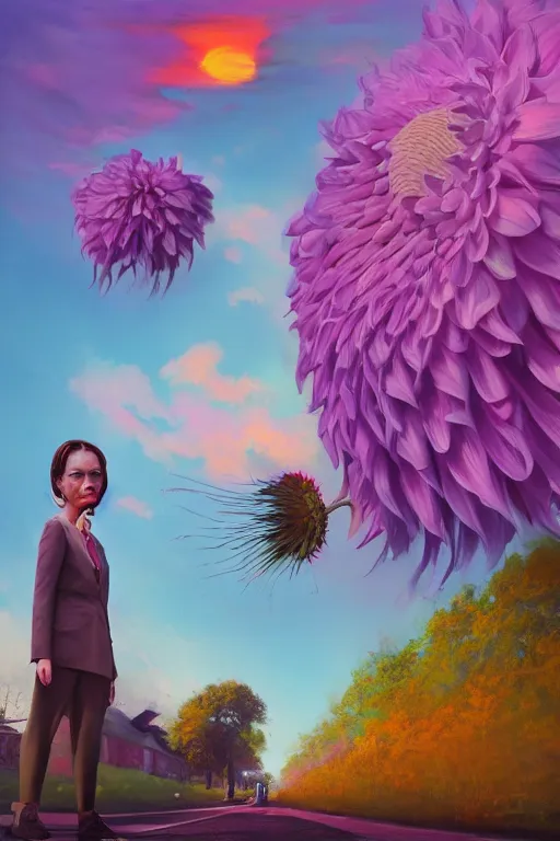 Image similar to closeup giant dahlia flower head, girl in a suit, standing in street, surreal photography, sunrise, dramatic light, impressionist painting, digital painting, artstation, simon stalenhag