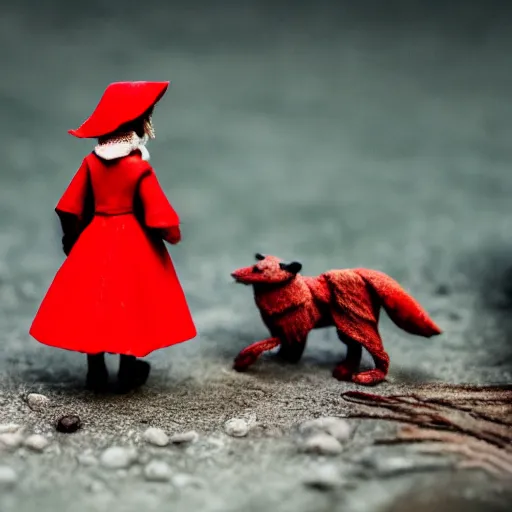 Image similar to a cinematic film still of a claymation stop motion film starring emma watson as little red riding hood, looking at wild wolf, shallow depth of field, 8 0 mm, f 1. 8