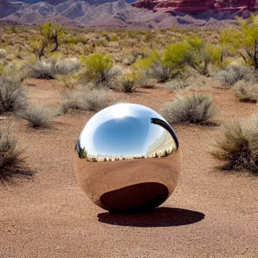 Image similar to a large metallic ball with a mirror finish sits in the arizona desert