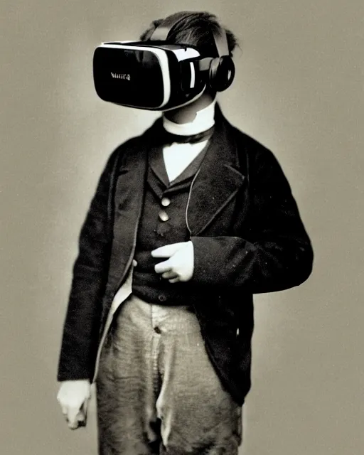 Image similar to 1 8 0 0 s photo of a person wearing a vr virtual reality headset