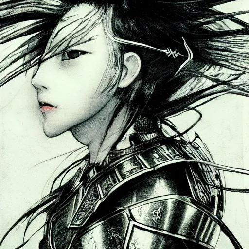 Image similar to Yoshitaka Amano realistic illustration of an anime girl with black eyes, wavy white hair fluttering in the wind and cracks on her face wearing Elden ring armour with engraving, abstract black and white patterns on the background, noisy film grain effect, highly detailed, Renaissance oil painting, weird portrait angle, blurred lost edges