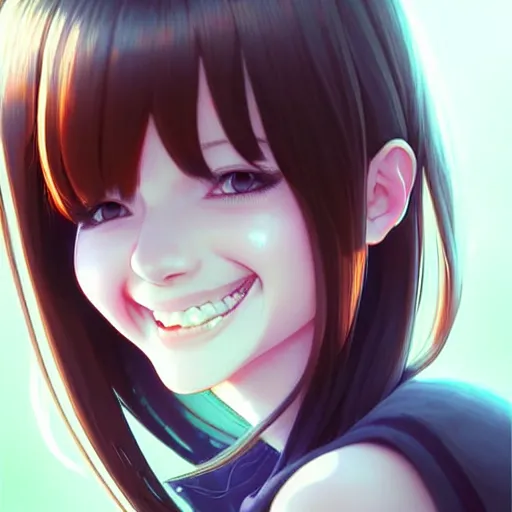 Image similar to youth kim beckinsale laughing softly, occlusion shadow, specular reflection, rim light, unreal engine, range murata, artstation, pinterest, art by hiroaki samura and ilya kuvshinov and rossdraws, intricate, highly detailed 8 k, art deco illustration, realistic, extremely beautiful shape of face, neck, shoulders eyes