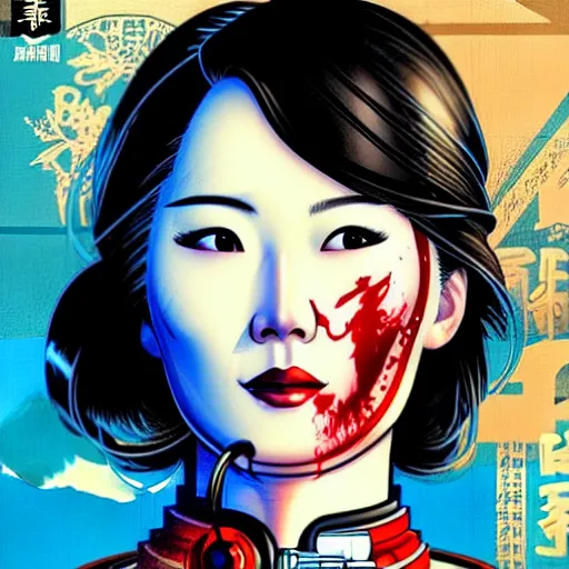 Prompt: a profile photo of a chinese spy woman side profile with a diving oxygen mask with side profile blood in ocean intricate details by MARVEL comics and Sandra Chevrier-C