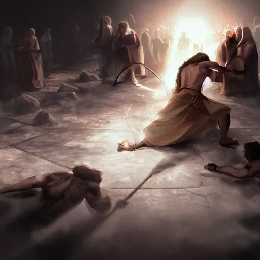 Image similar to Jesus beating up Satan on the floor, dynamic lighting, photorealistic concept art, trending on art station, stunning visuals, creative, cinematic, ultra detailed