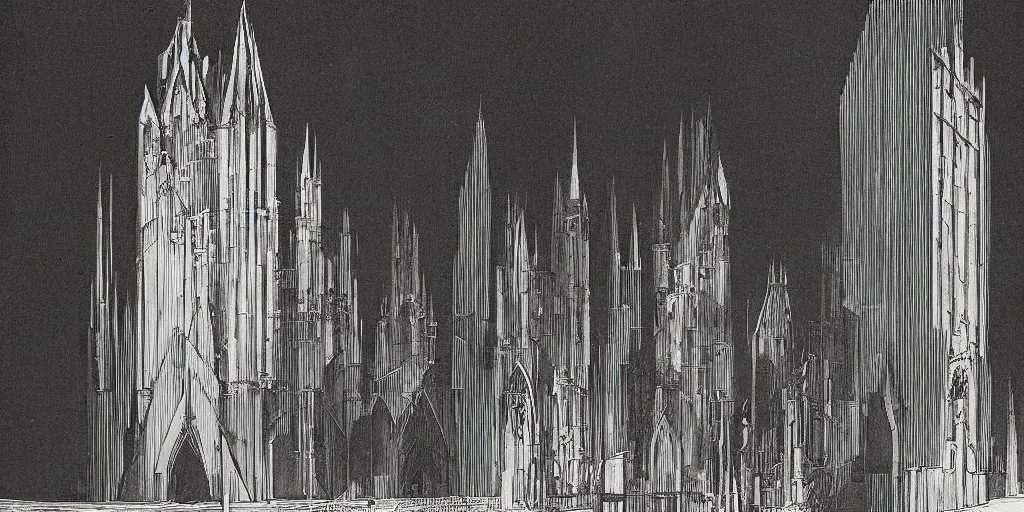 Prompt: gothic gold curve architecture by hugh ferriss